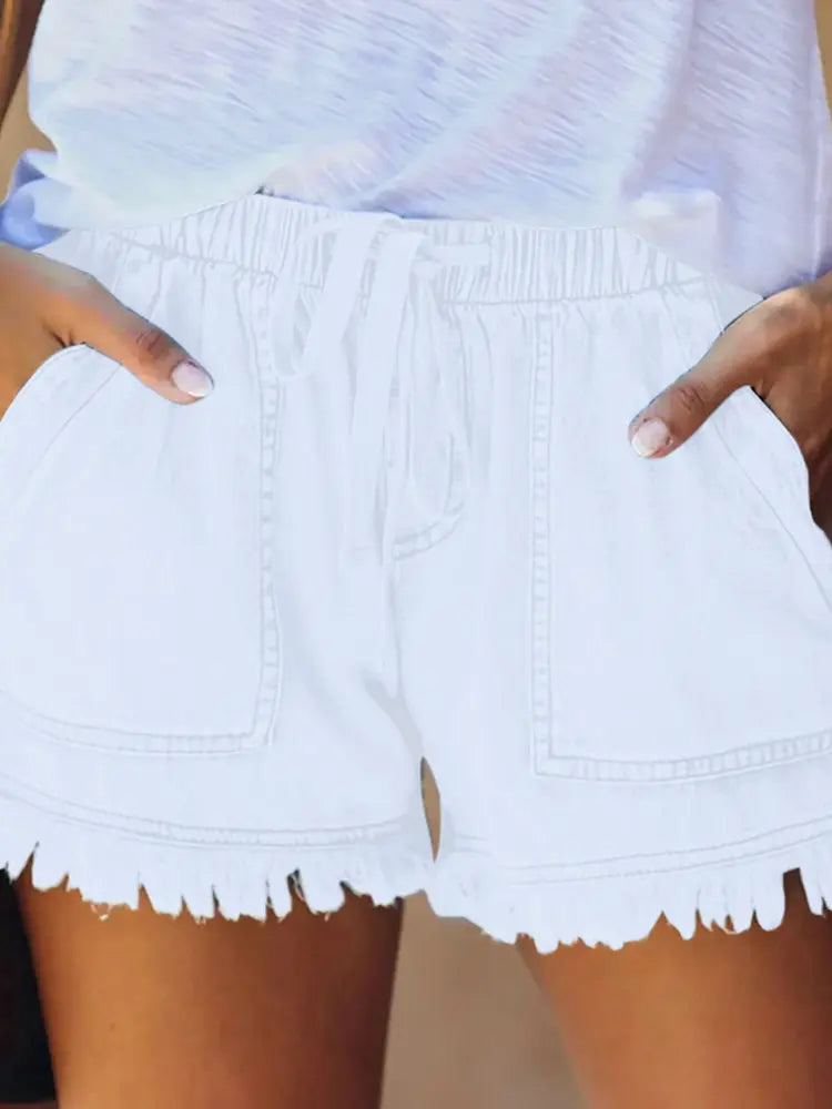 White Elastic Denim Shorts Front View