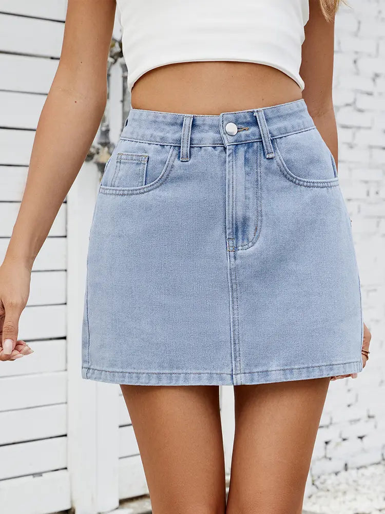Front view of high-waisted denim mini skirt
