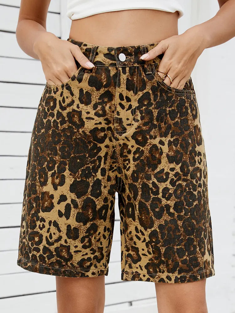 Front view of leopard denim shorts