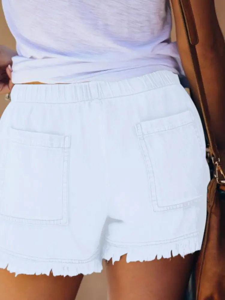 White Elastic Denim Shorts Side View