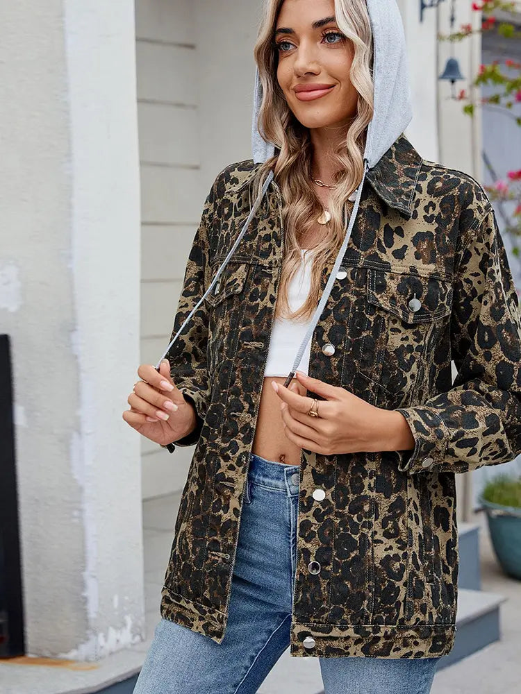 Back view of relaxed-fit hooded denim jacket in leopard print