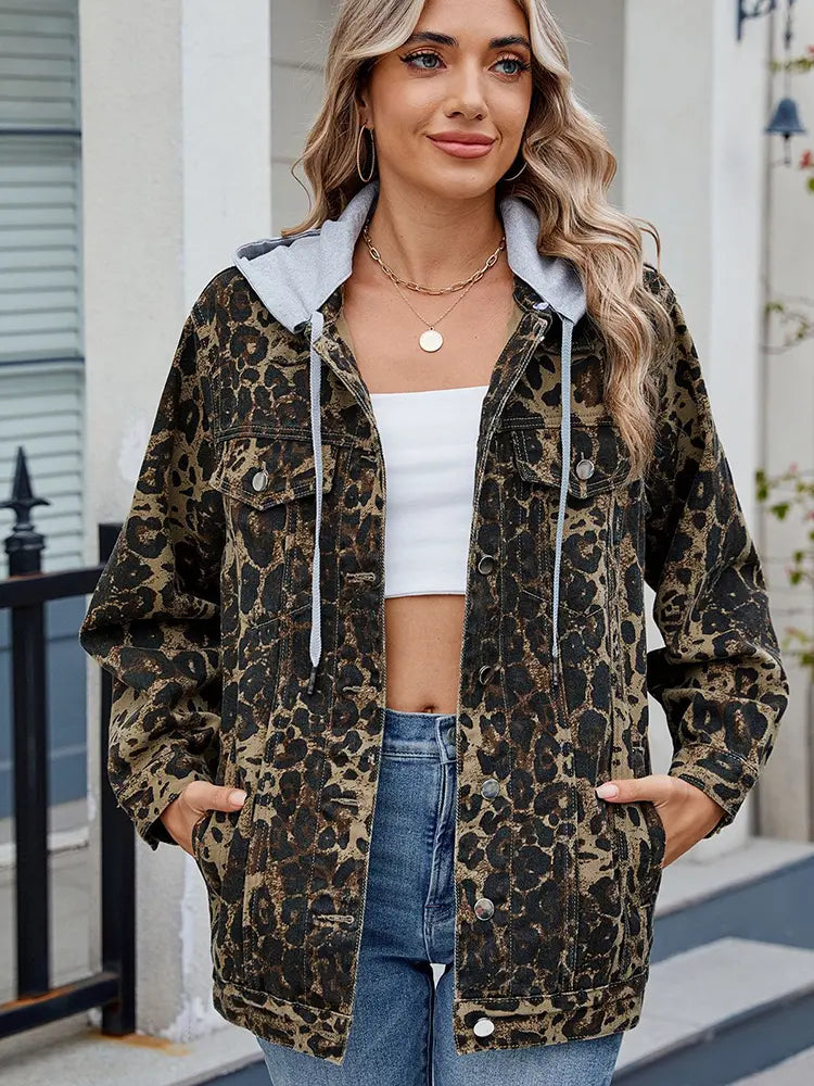 Front view of Laika leopard print denim jacket with hoodie