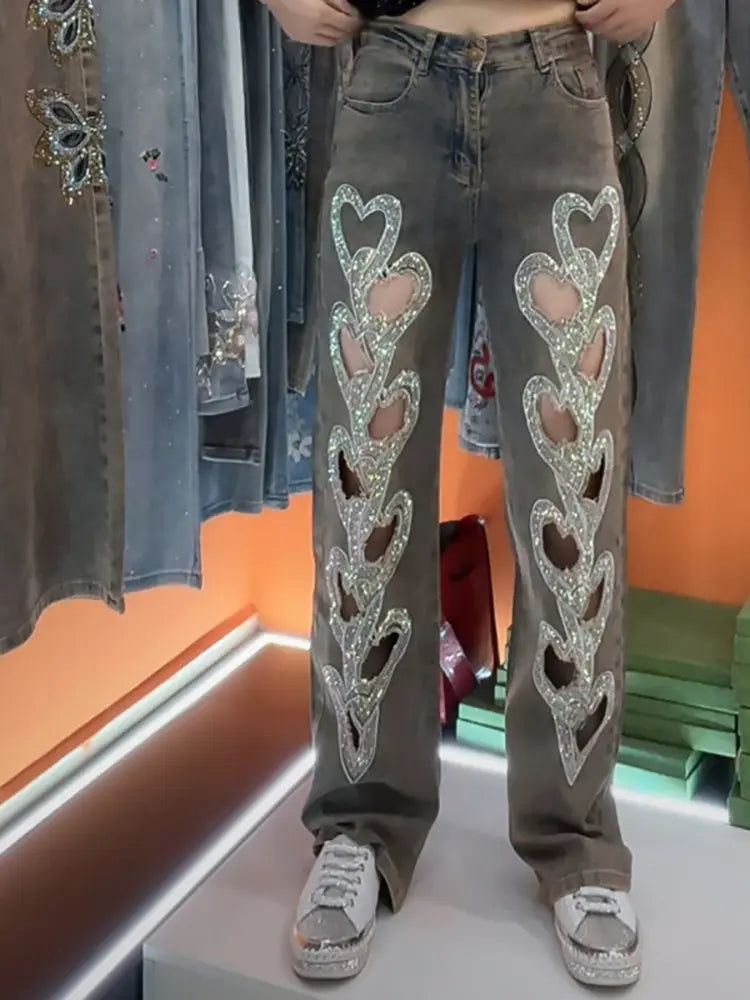 Heart Cutout Rhinestone Jeans Close-up